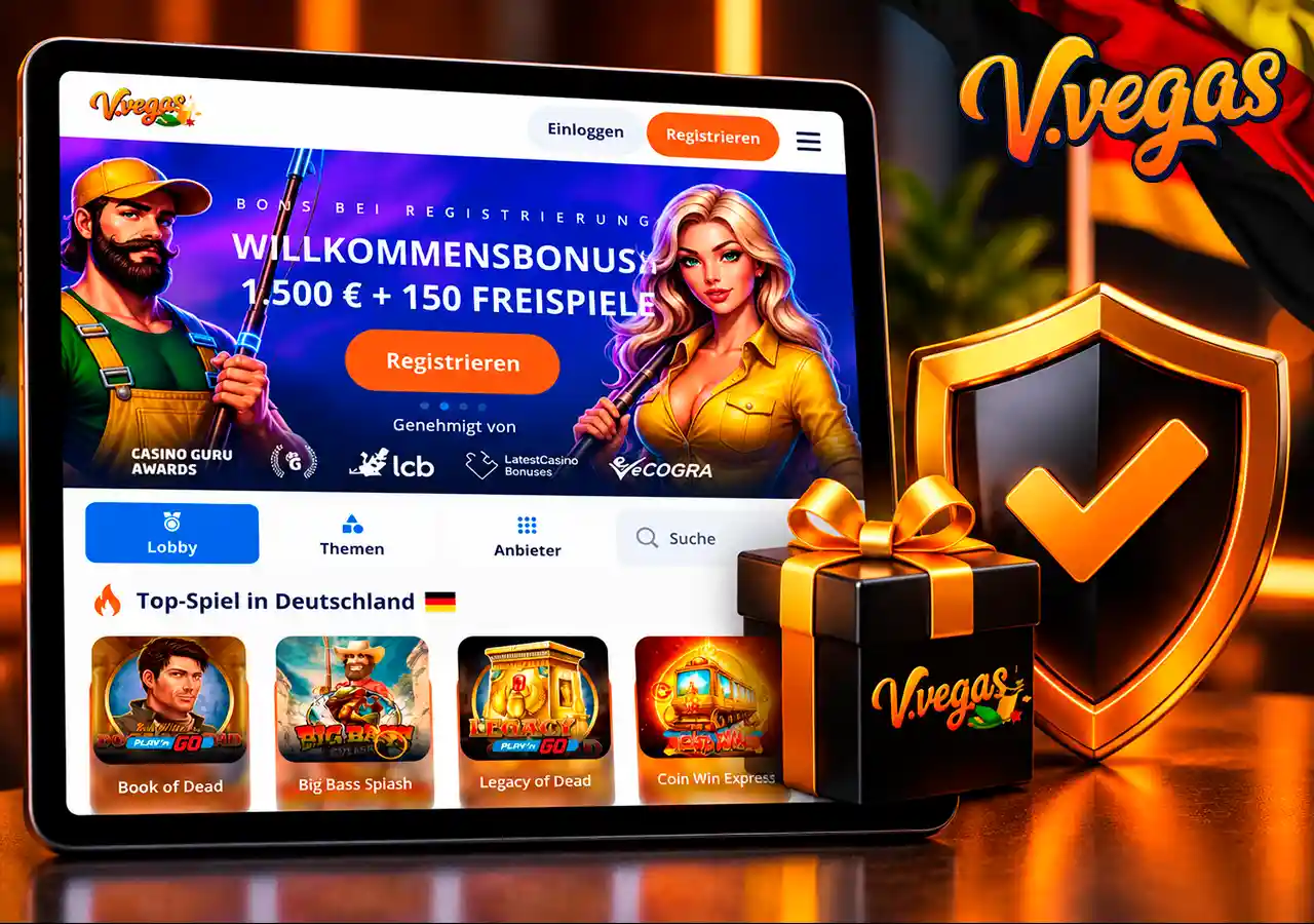 V.Vegas auf Tablet mit Geschenkbox und Schutzschild für Bonus- und Spielerschutzthemen.