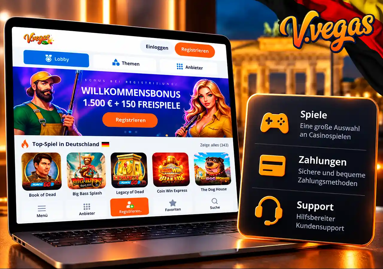 Casino-Seite auf Laptop mit neutralen Symbolen für Spiele, Zahlungen und Support.