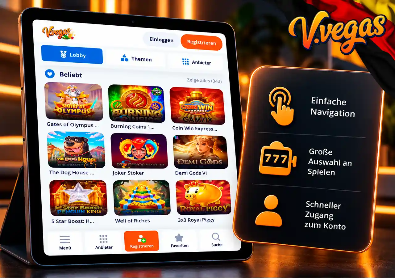 Mobile Casino-Oberfläche auf Tablet mit kompakter Übersicht der wichtigsten Funktionen.