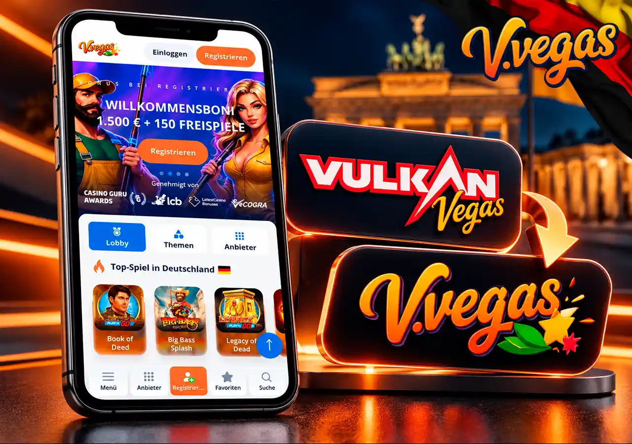 Aktuelle V.Vegas-Seite auf Mobilgerät mit klarer Darstellung des Markenwechsels.