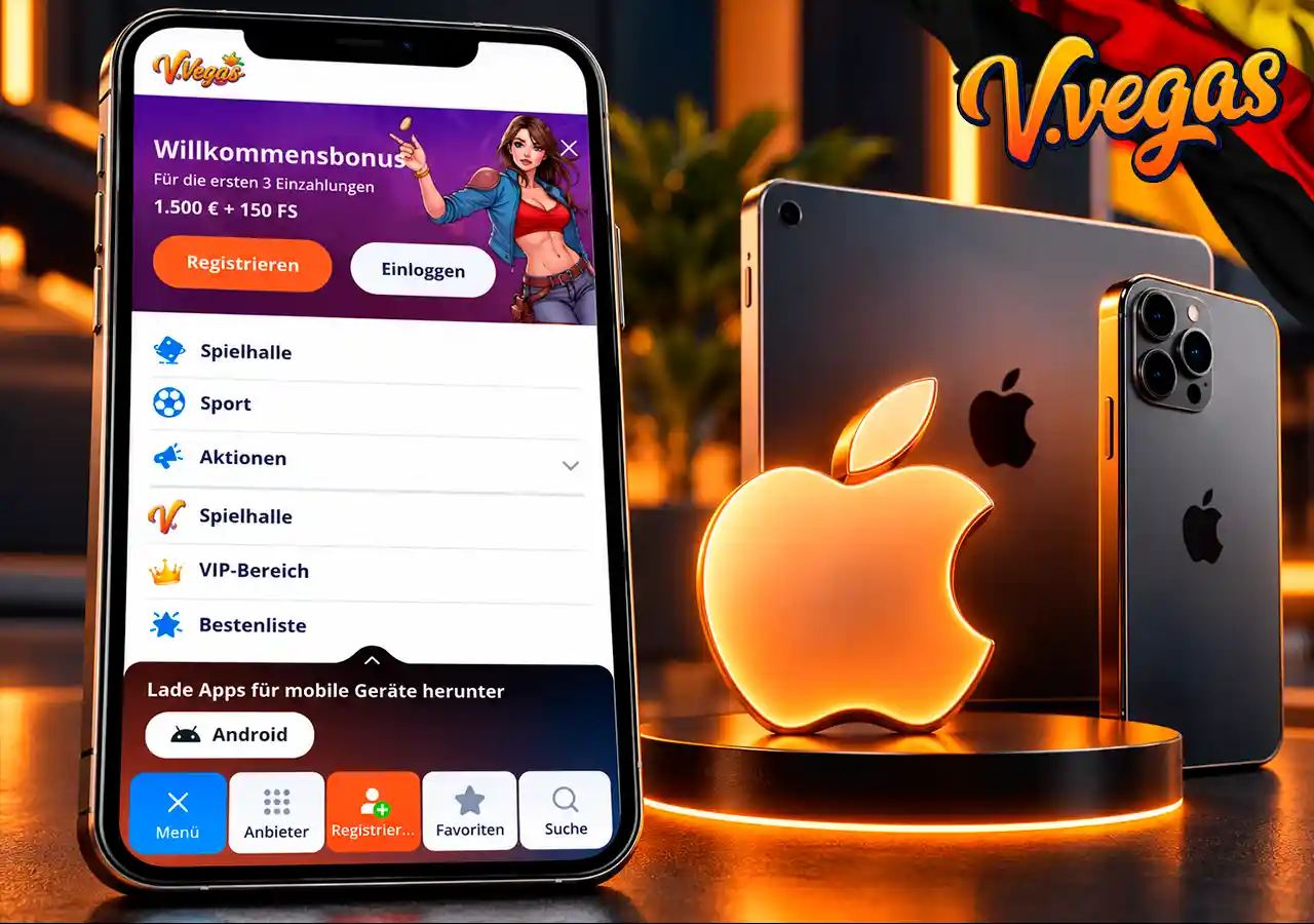 V.Vegas auf iPhone mit iOS-Symbol und Hinweis auf die Nutzung am iPad.