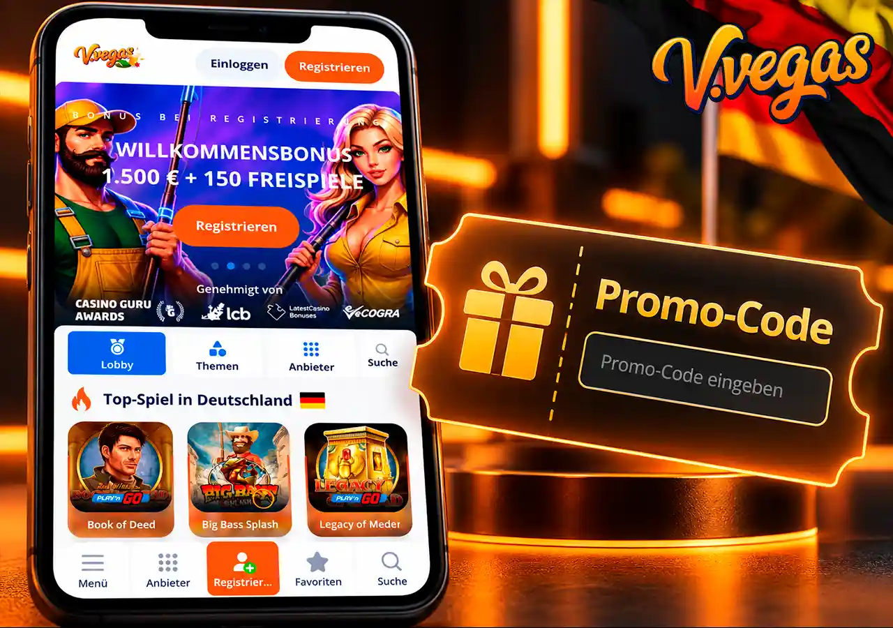 Casino-Bonusseite mit neutralem Promo-Code-Ticket ohne erfundenen Bonuscode.