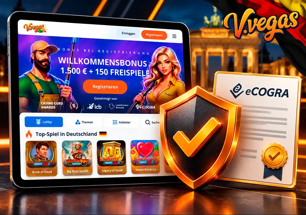 V.Vegas auf Tablet mit Prüfschild und Lizenzdokument zur Sicherheits- und Lizenzkontrolle.