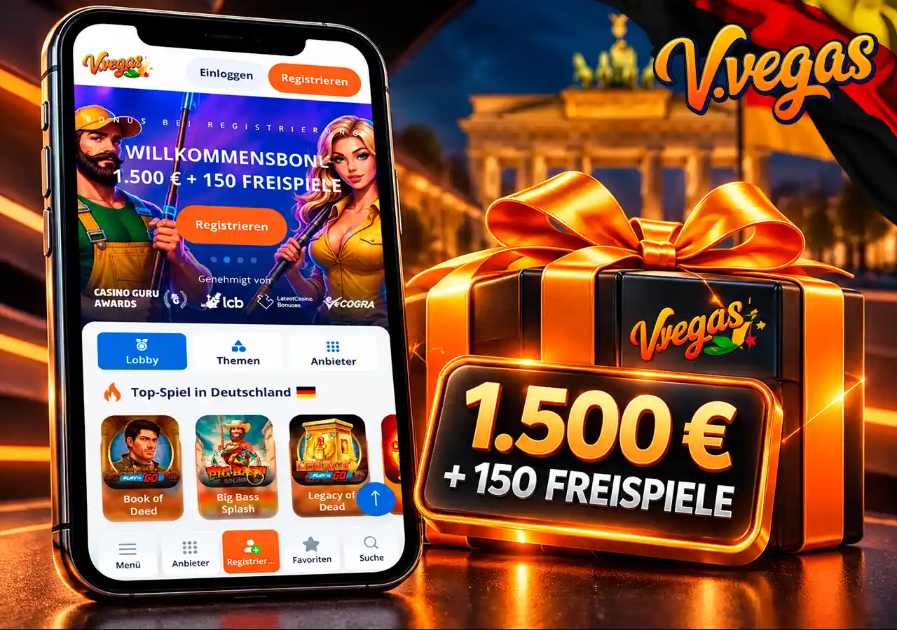 Bonusseite auf Mobilgerät mit Geschenkbox, 1.500 € Willkommensbonus und 150 Freispielen.