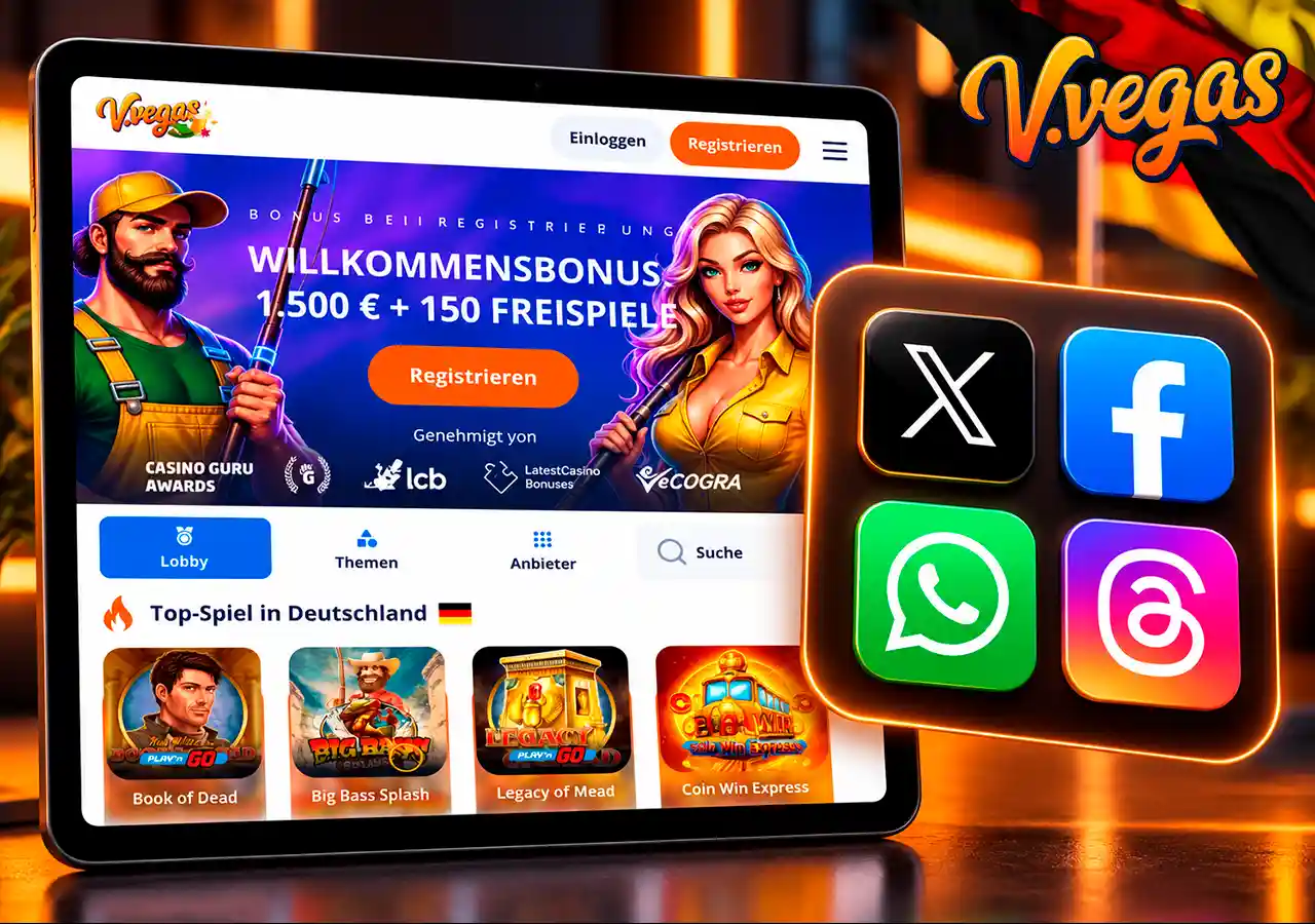Bonusseite mit X-, Facebook-, WhatsApp- und Threads-Symbolen für mögliche Promo-Kommunikation.