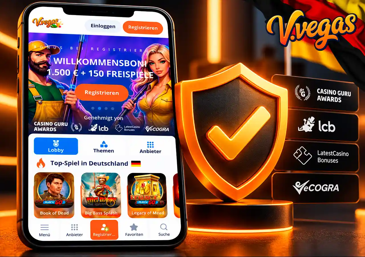 Mobile Casino-Oberfläche mit großem Prüfschild zur Darstellung der App-Sicherheit.