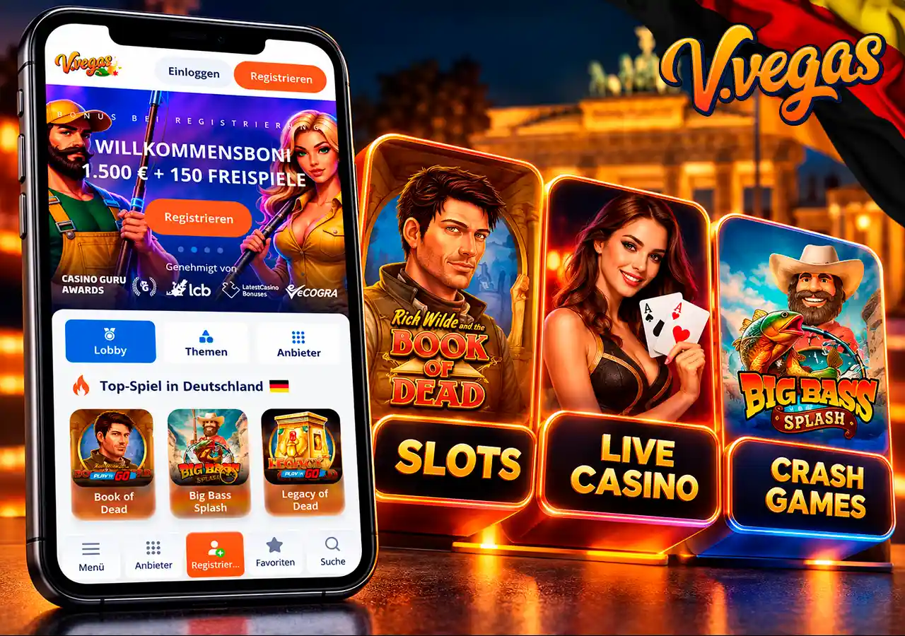 Echtes Casino-Lobby auf Mobilgerät mit Slots, Live-Casino und Crash-Spielen.